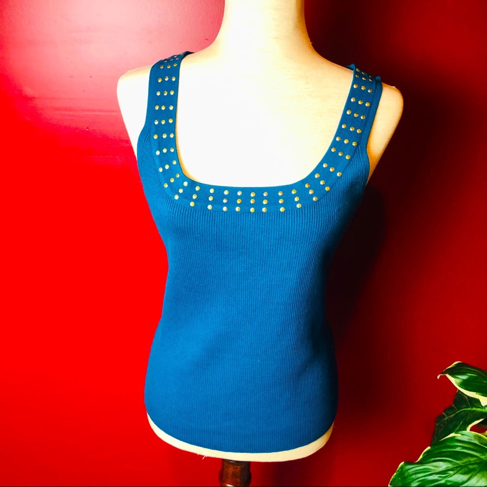 Pointelle sleeveless teal knit top with gold studs
